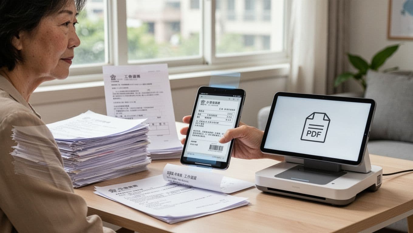 工會加保期間必留證明清單:一份搞定所有查核 A middle-aged Taiwanese female freelancer at her home office desk uses a tablet to scan paper documents such as union receipts and work proofs, with a stack of papers nearby and natural light from the window creating a bright professional atmosphere.