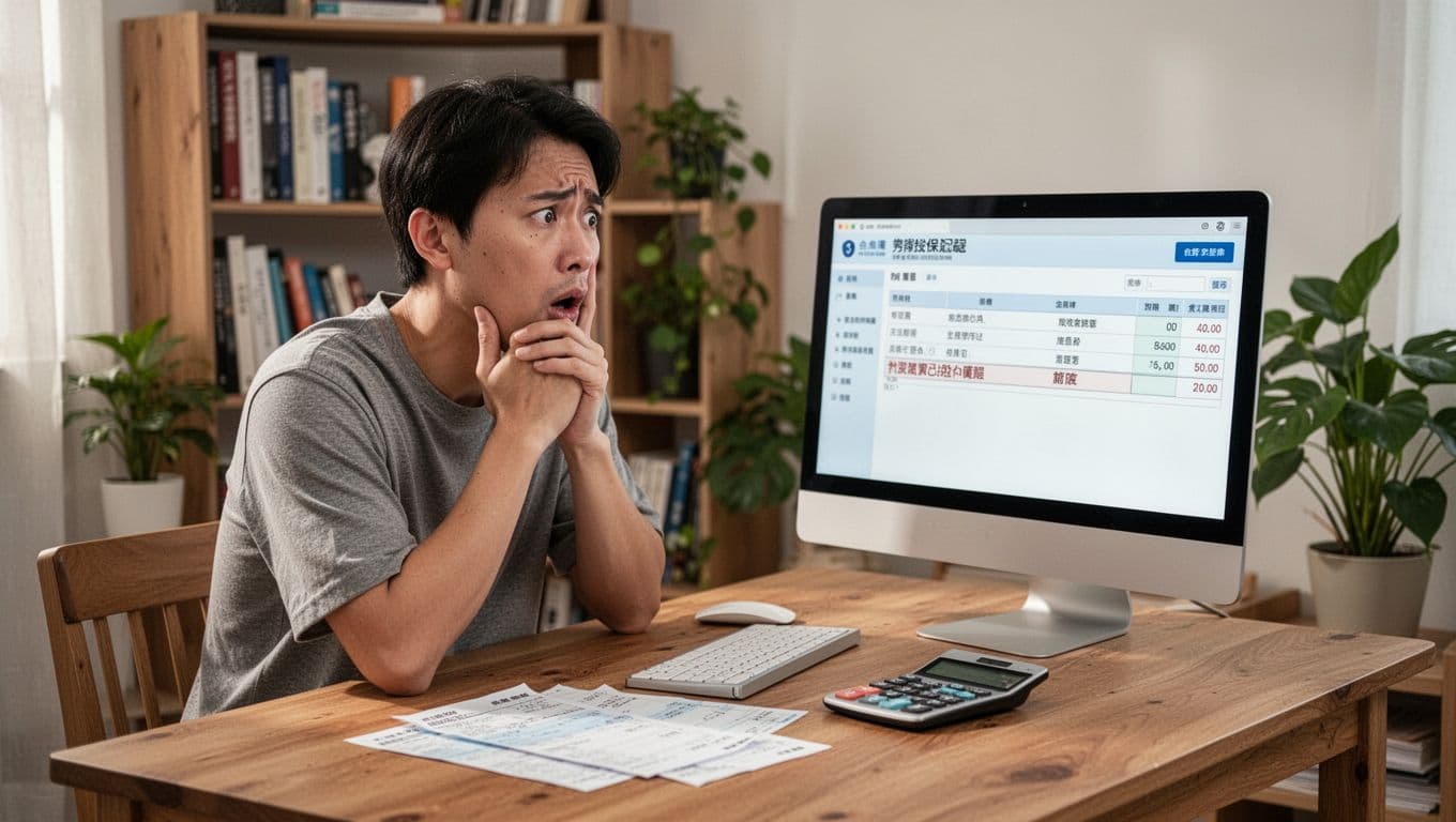 接案者住院不能工作,勞保傷病給付申請步驟全解析 A Taiwanese freelancer sits at a simple home desk, surprised and regretful upon seeing his labor insurance record displays a salary lower than actual income, with payslips and calculator nearby, hand on chin in thought.