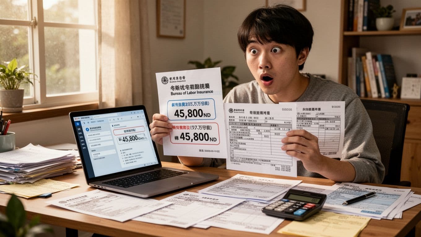 A young freelancer in a Taiwanese home office looks surprised holding a labor insurance notice indicating a low salary bracket of 45,800 NTD, beside tax documents showing over one million NTD annual income, on a cluttered desk.