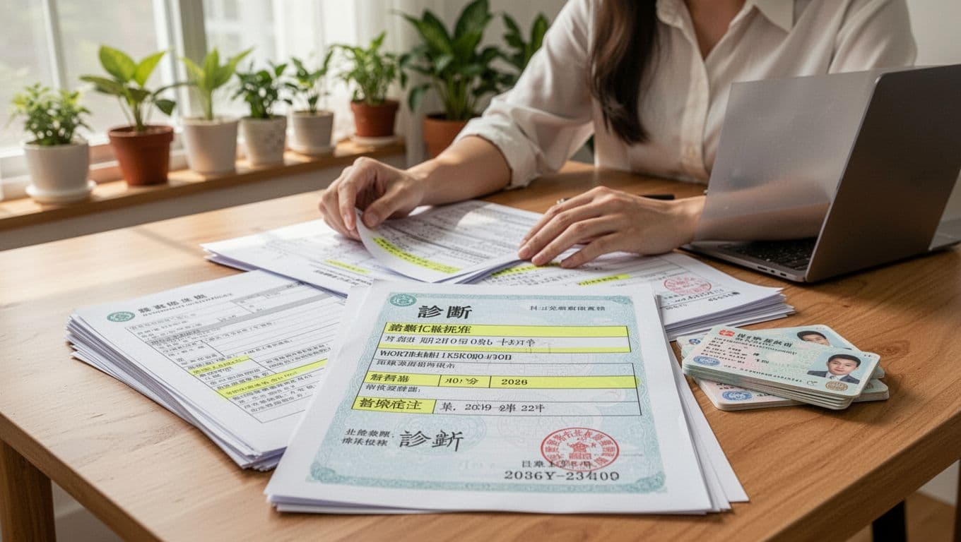 接案者住院不能工作,勞保傷病給付申請步驟全解析 A Taiwanese freelancer at a wooden desk in a bright home office sorts labor insurance documents like application forms, diagnosis certificates, and ID copies, with detailed paper textures and soft natural light.