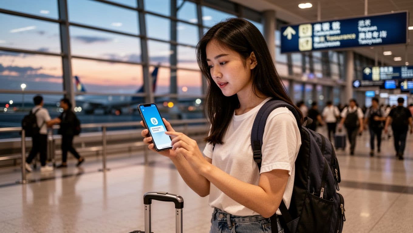 工會加保期間最容易忽略的10個小細節 A young Taiwanese freelancer woman with suitcase stands at Taoyuan airport gate, checking her phone with a blurred insurance app notification, backpack on shoulder, airport background with blurred travelers and evening light.