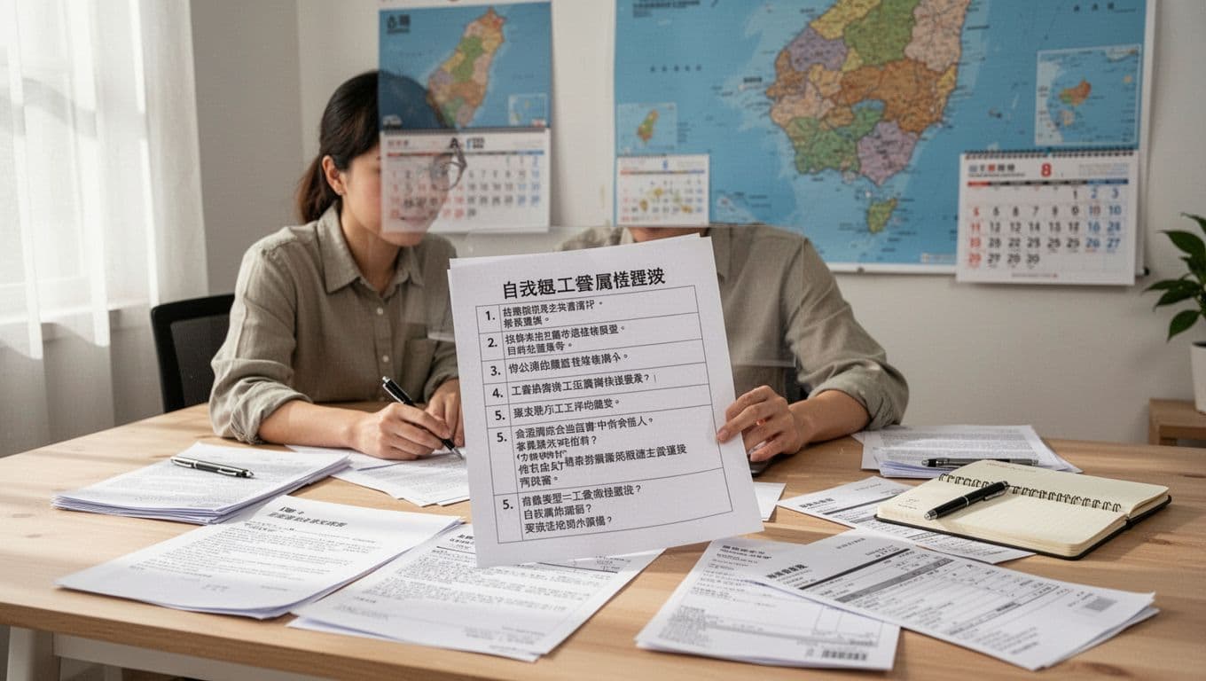 先搞懂為什麼「工會加保」容易被誤會成「人頭加保」 A Taiwanese freelancer sits at a bright home office desk, focused on checking a self-checklist document for work type and union matching, surrounded by contracts, invoices, and notes, with soft natural light and a Taiwan map poster in the background.