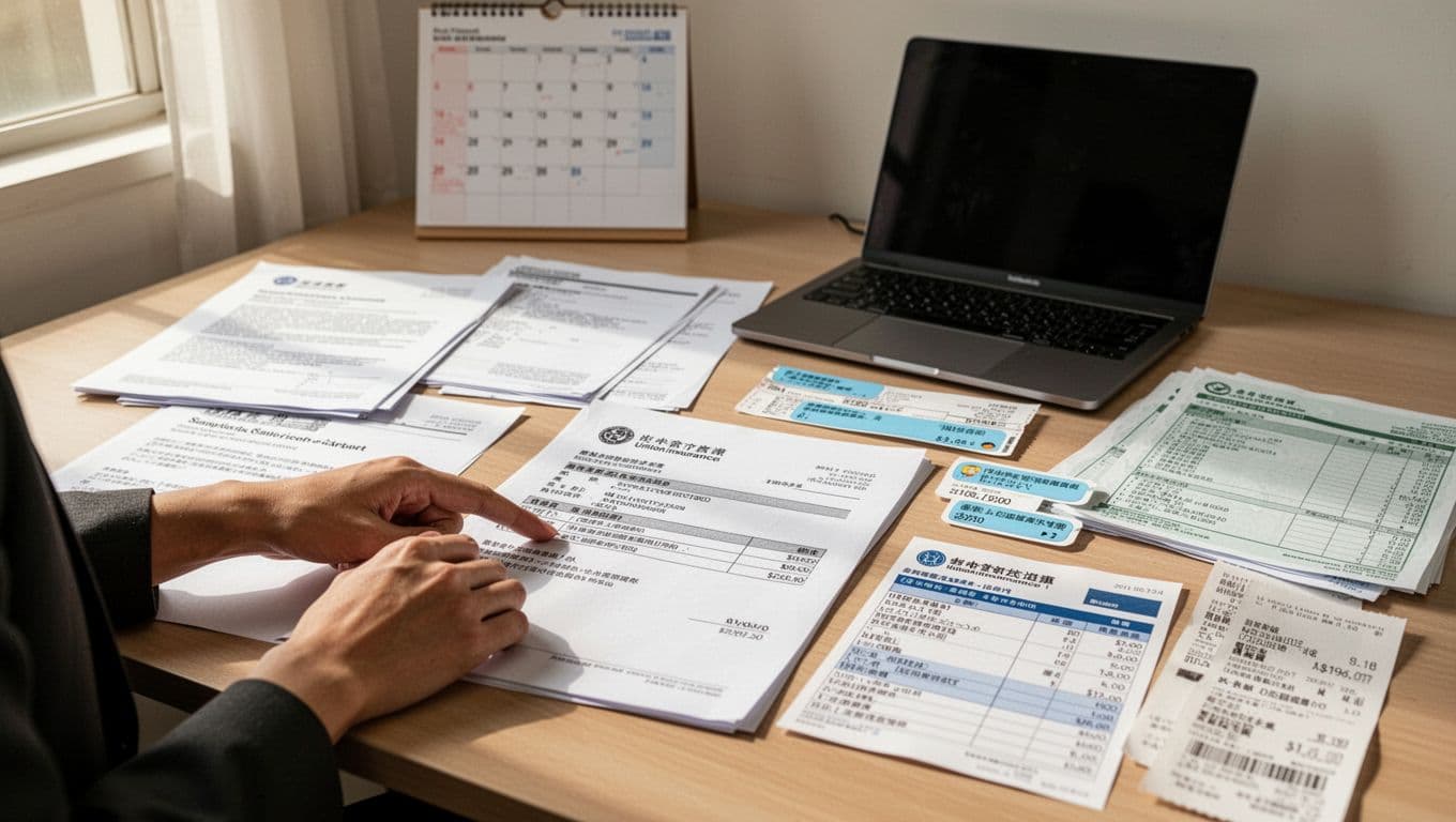 先搞懂為什麼「工會加保」容易被誤會成「人頭加保」 A professional Taiwanese freelancer's desk is cluttered with organized proof documents for union insurance, including blurred contracts, invoices, remittance slips, and receipts, with a hand pointing to a contract in soft natural daylight.