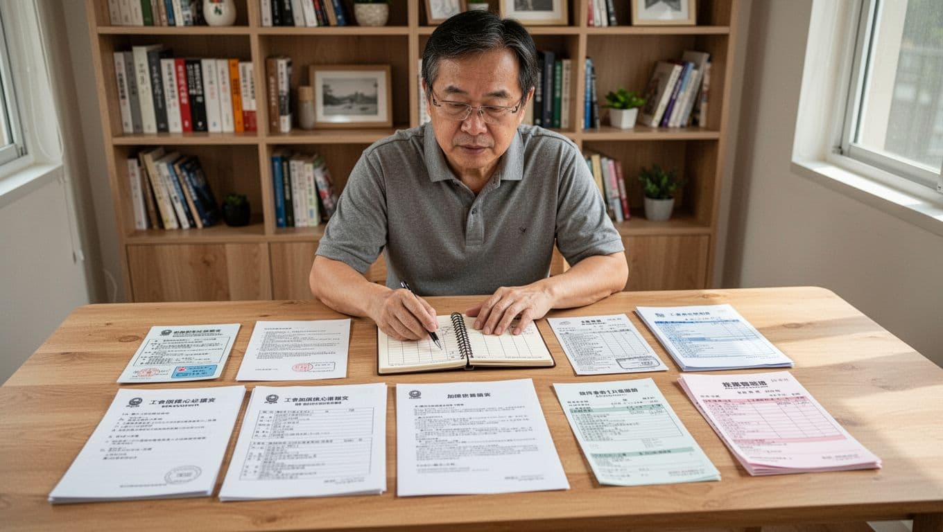 工會加保期間必留證明清單:一份搞定所有查核 一位台灣中年自由工作者坐在簡約木桌前,桌上整齊擺放工會加保核心證明文件,包括會員卡影本、入會申請書、加保申報表、繳費收據、銀行轉帳紀錄、接案合約和發票樣本,所有文件平鋪但不重疊,一手輕觸清單筆記本,背景是家裡書架和窗戶自然光線,明亮溫馨氛圍,寫實攝影風格,高細節,僅一人,無額外人物,無文字或水印,文件內容抽象無可讀文字,前景文件清晰,背景柔和。