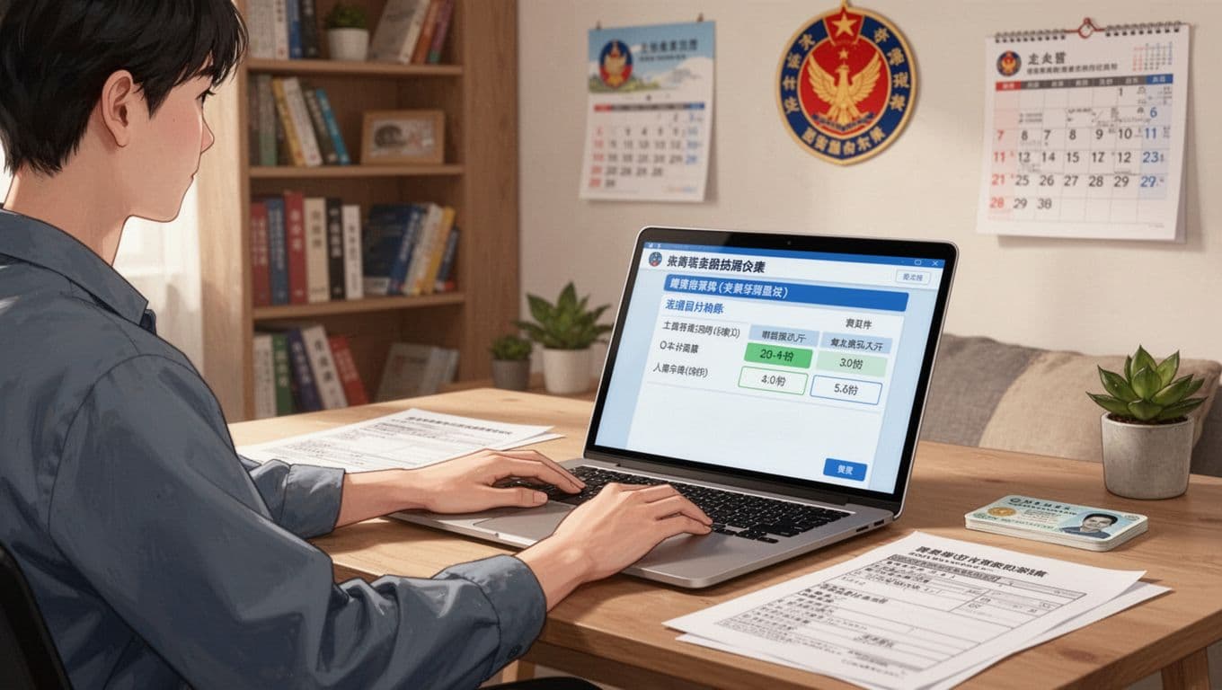 A realistic illustration of a young Taiwanese freelancer at a home desk with a laptop, filling out forms to join a professional union for labor insurance, surrounded by paperwork like ID and salary sheets.