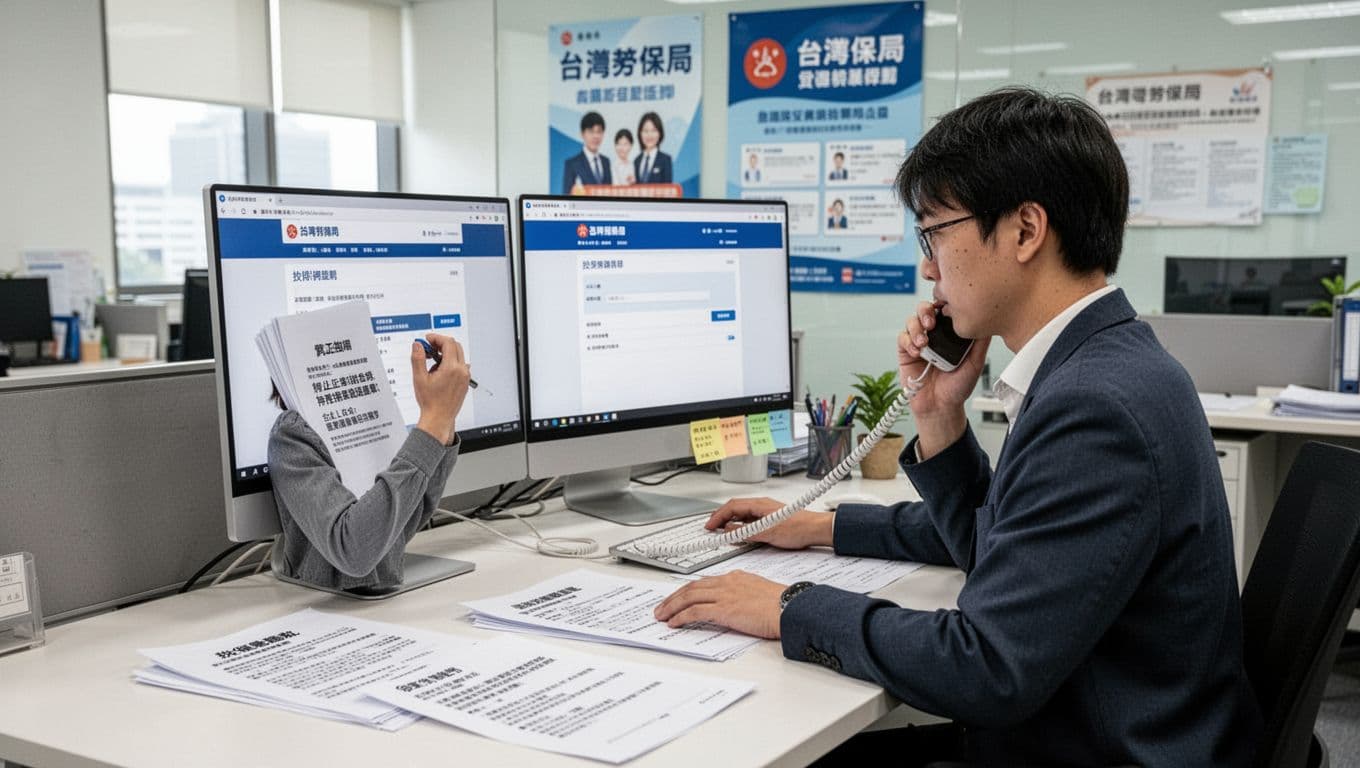 先搞懂為什麼「工會加保」容易被誤會成「人頭加保」 A Taiwanese freelancer at a modern office desk processes labor insurance changes with documents like employment contracts and income records, holds a phone to inquire with the union, and views an update page on the computer amid Taiwan Labor Insurance Bureau posters.
