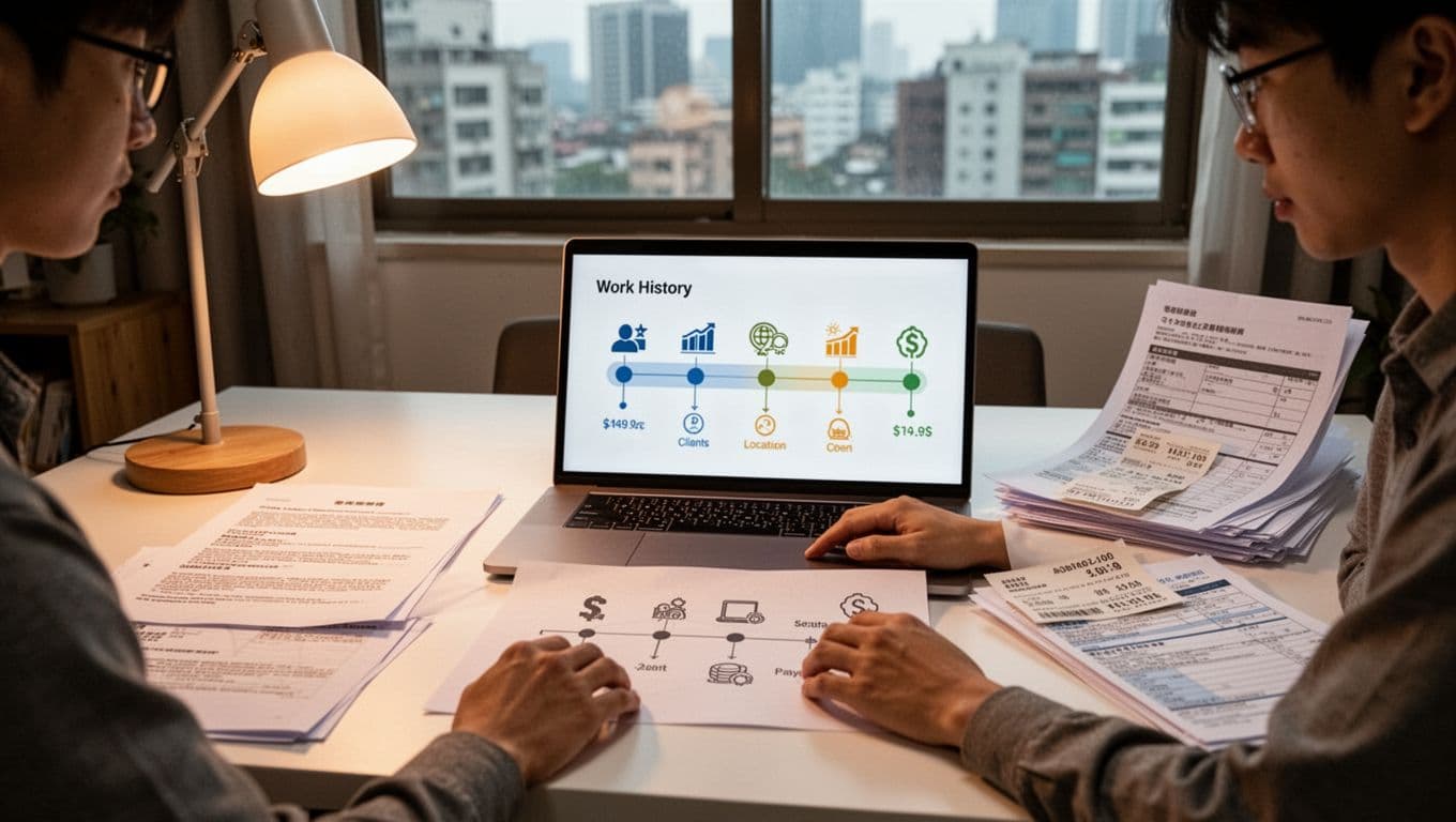 A realistic scene of a single Taiwanese freelancer at a clean desk, creating a simple timeline chart for work history on paper or laptop, surrounded by supporting documents like contracts, receipts, and tax forms in a cozy home office with warm lighting.