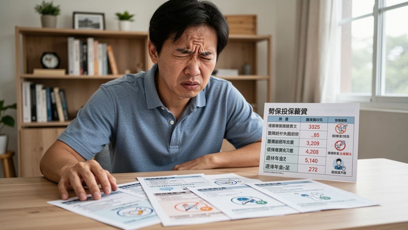 接案者投保薪資怎麼選才不焦慮:穩定退休金與勞保給付完整指南 A Taiwanese freelancer frowns at a home office desk while reviewing a labor insurance premium salary table, surrounded by documents indicating low medical and disability benefits plus insufficient retirement pension icons. Realistic style with natural lighting, focused on the worried expression.