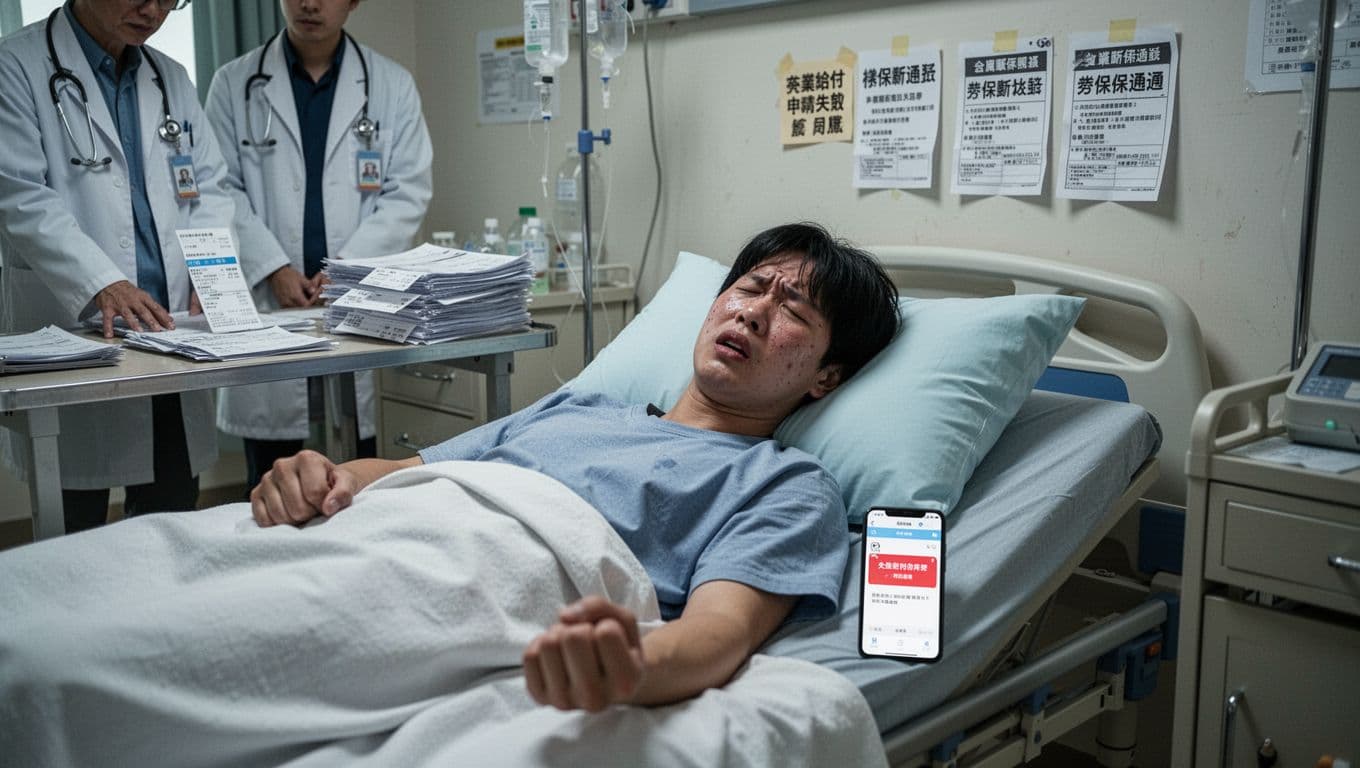 A young Taiwanese part-time worker lies painfully on a hospital bed with a doctor and stacked medical bills nearby, background featuring labor insurance termination notice and phone showing failed unemployment benefit application, in a bright yet desolate room evoking anxiety and helplessness.