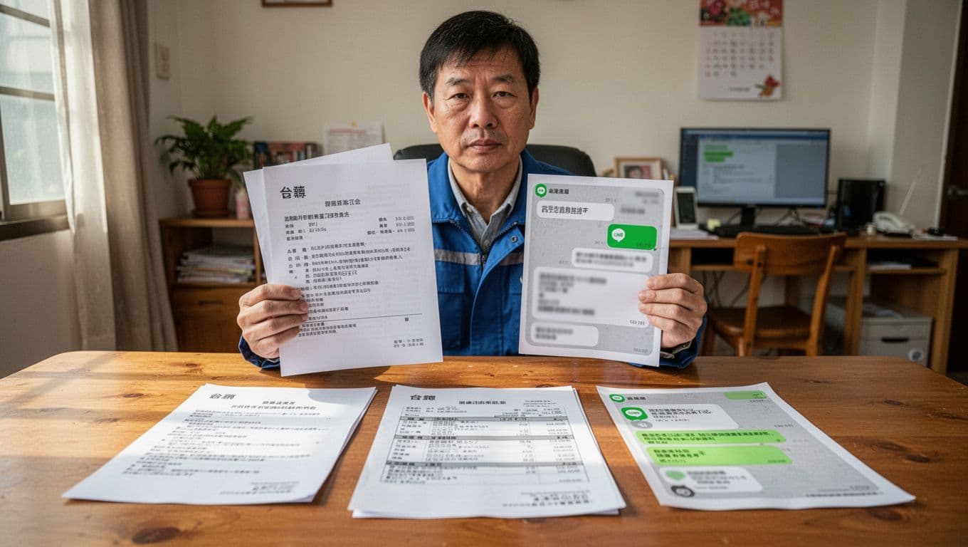 打零工族加入工會最常卡關:資格認定與工作證明 A Taiwanese gig worker sits at a wooden desk holding multiple documents proving work identity, including contracts, receipts, platform screenshots, and remittance records, in a simple home office with bright natural light, realistic professional style.