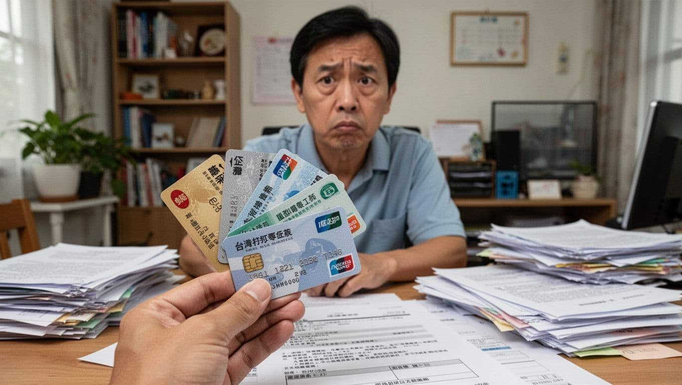 打零工族加入工會最常卡關:資格認定與工作證明 A puzzled Taiwanese freelancer holds various health insurance cards like dependent, company, district office, and union cards amid chaotic paperwork on a home office desk, with a realistic professional style under natural light.