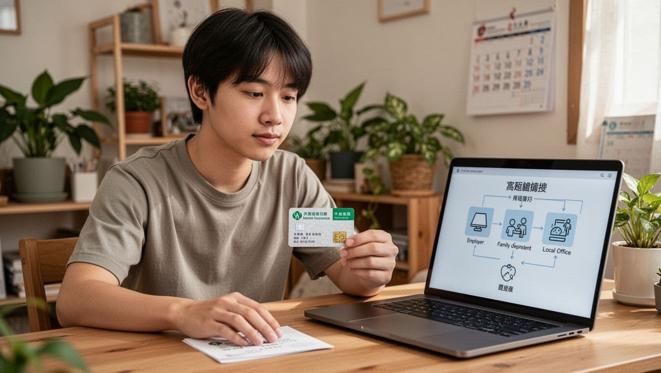 Photorealistic scene of a young Taiwanese gig worker at a cozy home desk, holding a National Health Insurance card and reviewing a simple laptop flowchart for employer, family dependent, or local office insurance paths. Natural daylight, warm tones, high detail on face and documents.