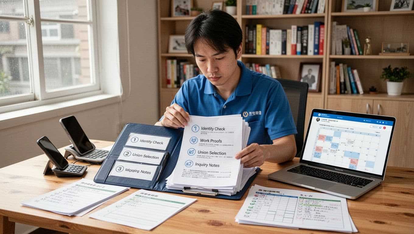 打零工族加入工會最常卡關:資格認定與工作證明 A photorealistic landscape image of a focused Taiwanese gig worker in a bright Taipei home office, organizing documents into a labeled folder for union registration steps like identity check and work proofs. Surrounded by a phone, laptop showing a union website, calendar, checklists on a wooden desk under natural daylight, with simple bookshelves background.