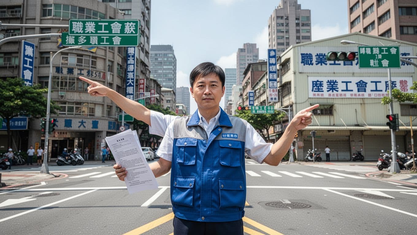打零工族加入工會最常卡關:資格認定與工作證明 A confident Taiwanese gig worker stands at a Taipei street fork, left hand with document pointing to occupational union building, right hand to industrial union factory, symbolizing multi-job union choice, bright sunny day realistic style.
