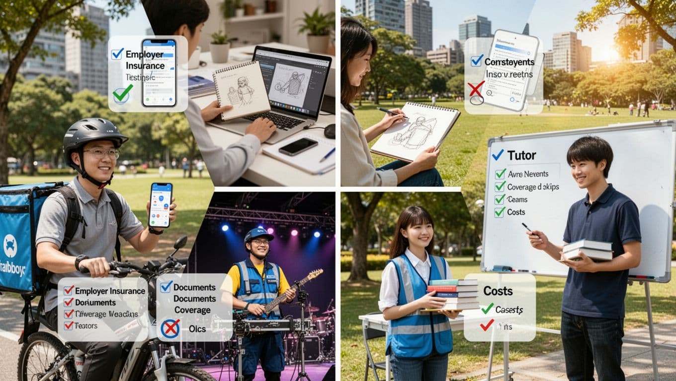 打零工族加入工會最常卡關:資格認定與工作證明 A realistic split-scene landscape image of four Taiwanese gig workers—a delivery rider, freelance designer, event temp worker, and tutor—each holding checklist icons for employer insurance, documents, coverage needs, and costs, in a bright urban park on a sunny day.