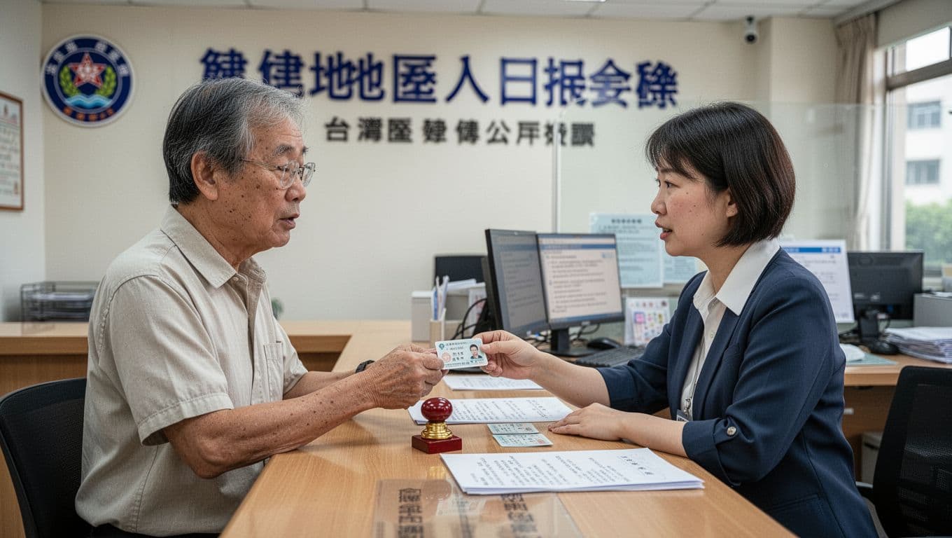 工會退保後健保身分怎麼變?3種接續方法一次搞定 A middle-aged Taiwanese resident at the township office counter handles health insurance regional population registration, holding an ID card and seal while conversing with the counter staff in a simple government office with computer and files on the desk, natural daylight lighting, realistic high-detail style.