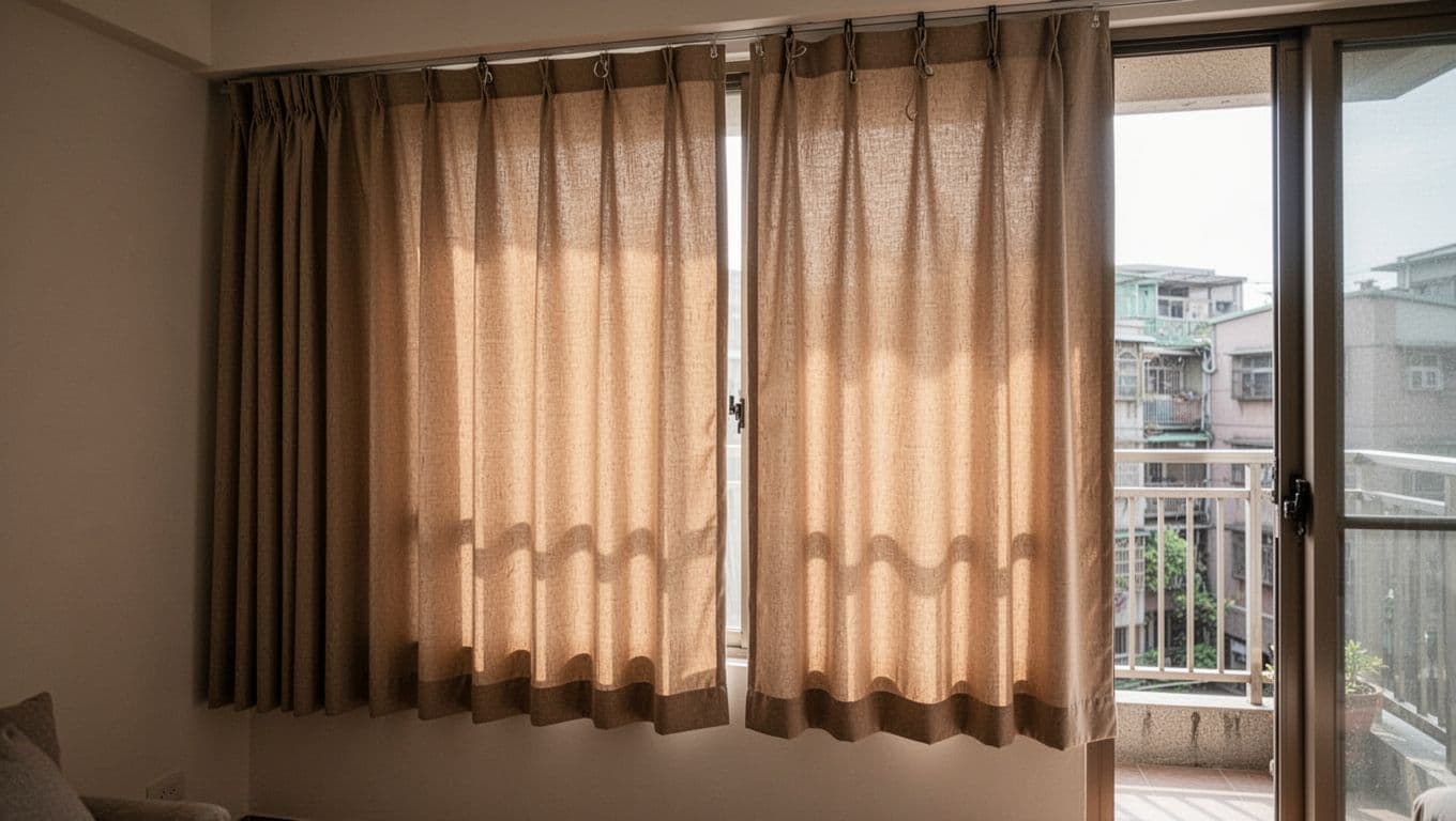 Photorealistic close-up of a single window in a Taiwanese home with beige pleated curtains, darker on the left near the wall and brighter on the right near the balcony door, featuring natural side light and cozy interior.