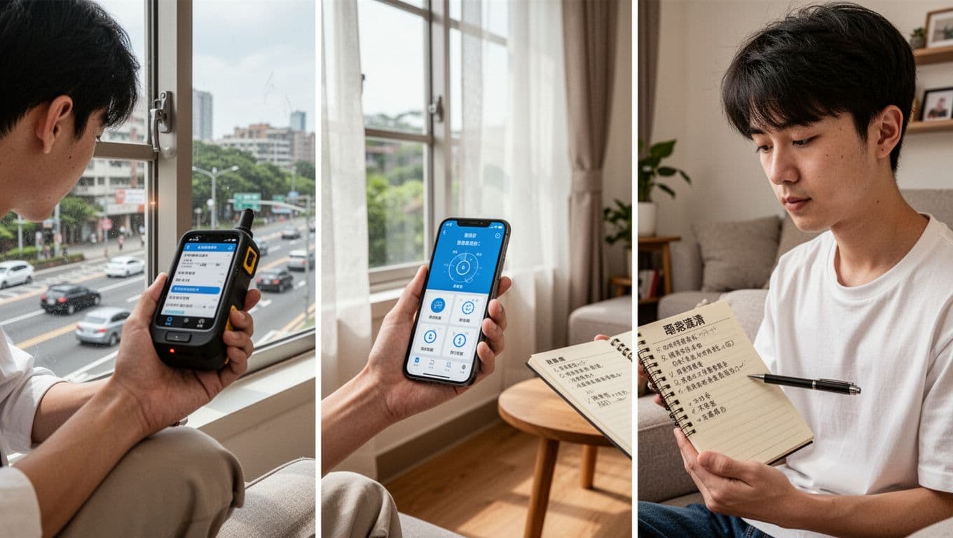 A young person holds a smartphone app to measure road noise outside the living room window, counts windows, and lists demands in a notebook; realistic natural daylight photo from frontal relaxed view in comfortable home.