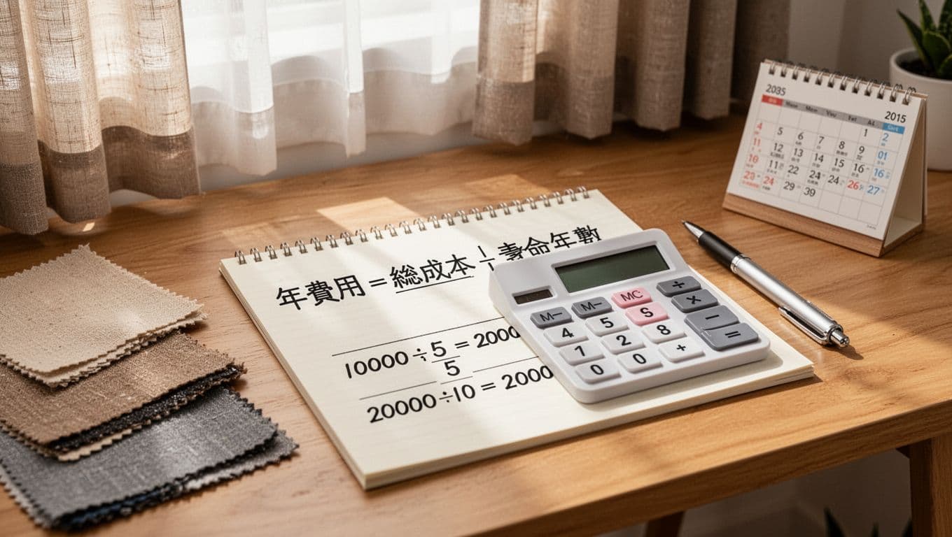 A clean wooden desk in a bright Taiwanese home office centers on a calculator and notepad displaying the formula '年費用 = 總成本 ÷ 壽命年數' with example calculations like 10000 ÷ 5 = 2000, surrounded by neutral curtain swatches, pen, and calendar.