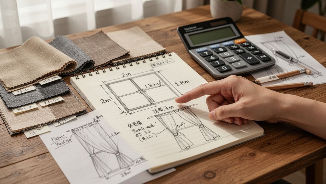 Close-up on a wooden table in a Taiwanese home office showing a notebook with window measurements, fabric swatches, calculator, and pencil sketches of curtains with yardage and hem notes, with one relaxed hand pointing to the details in soft natural light.