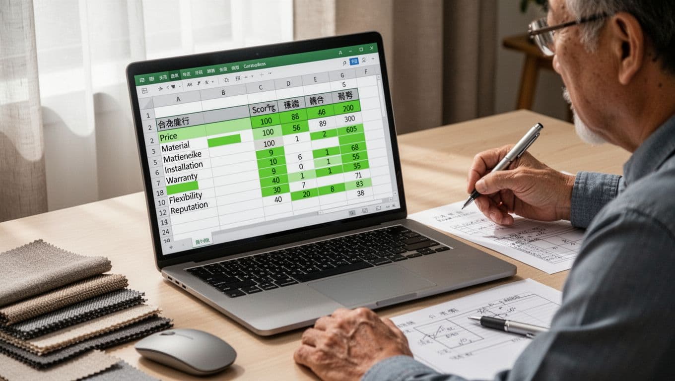 Close-up realistic view of a laptop screen in a Taiwanese home office displaying an Excel spreadsheet for curtain quotes with scoring columns for price, material, installation, warranty, flexibility, and reputation, highlighted in green for high scores. A middle-aged man's hand rests on the table with pen and fabric swatches nearby, in a clean modern professional setting.