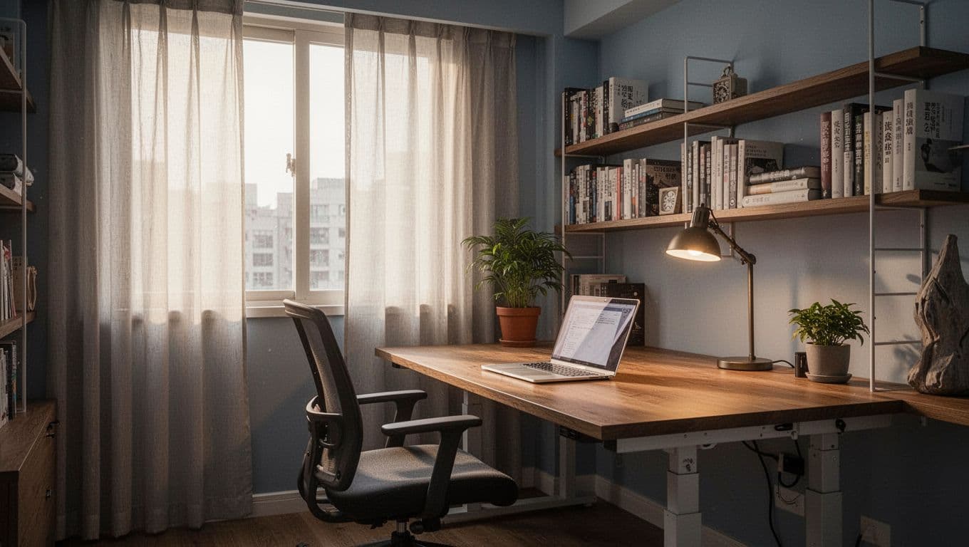 先做重點房間划算嗎?窗簾訂製分期規劃原則 A clean, minimalist home office in a Taiwanese apartment during afternoon, with a wooden desk, angled laptop, empty chair, bookshelves, potted plant, and warm lamp light filtering through curtains on a west-facing window.