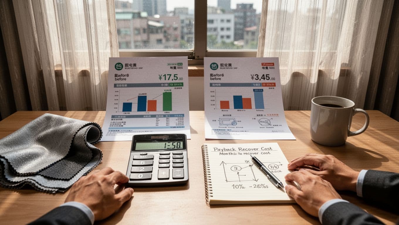 西曬隔熱,窗簾加內襯值得嗎?預算評估全指南 Photorealistic home office desk in a Taiwanese urban apartment showcasing energy savings with side-by-side electricity bills, savings calculator, thermal curtain sample, payback timeline sketches, and curtains blocking sun.