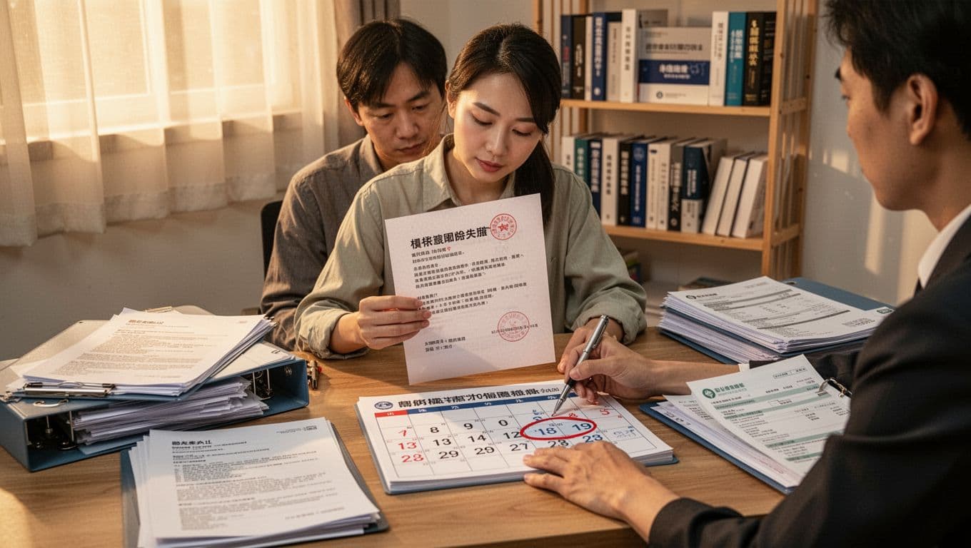 A single person in a realistic Taiwanese home office sits at a wooden desk, reading a labor insurance audit notification letter with a red stamp and marking a circled deadline on the calendar amid organized documents like contracts and invoices. Warm afternoon sunlight filters through a window onto a bookshelf with finance and insurance books, in a professional documentary style with natural lighting.
