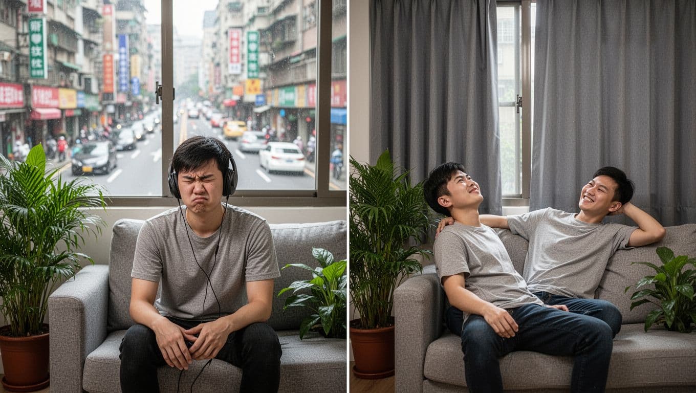 Split-view of a Taiwanese apartment showing a young person disturbed by street noise with headphones on one side, and relaxed smiling without headphones after pulling thick soundproof curtains on the other, highlighting serene contrast.