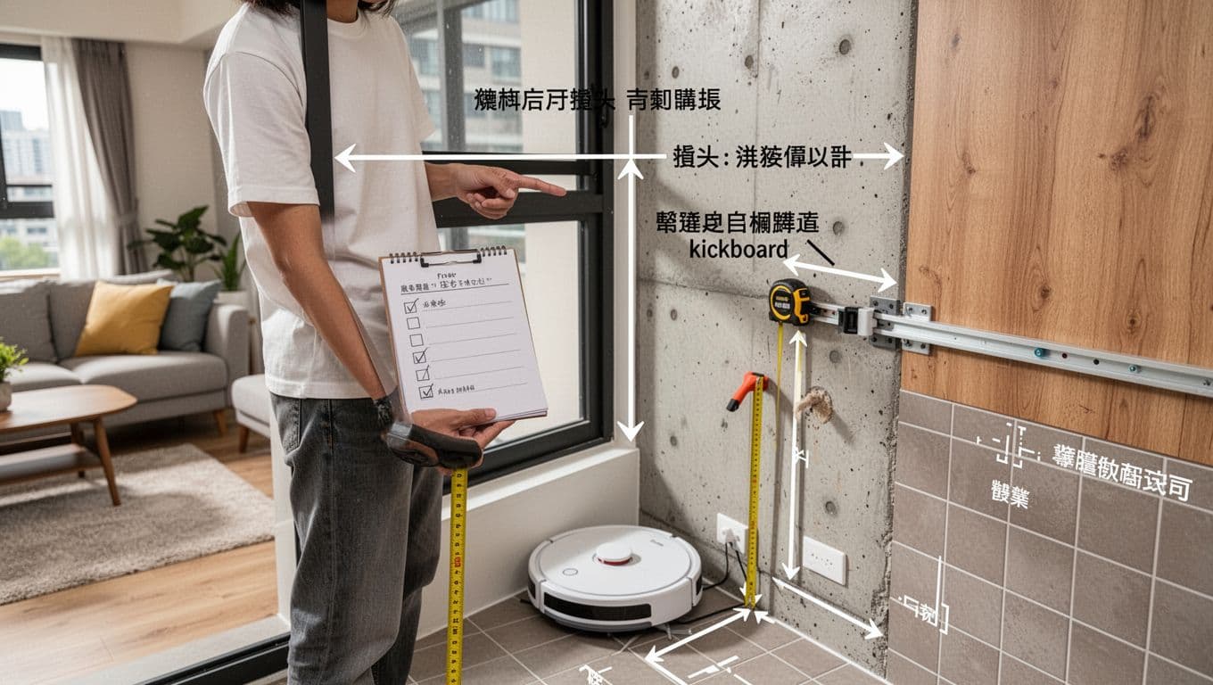 Photorealistic close-up of one person in a modern Taiwanese living room holding a notepad with measurement checklist and tape measure, pointing to key areas like window extensions, floor clearance for robot vacuum, handle protrusion, and track mounting spots on cement wall, wood panel, and tiles.