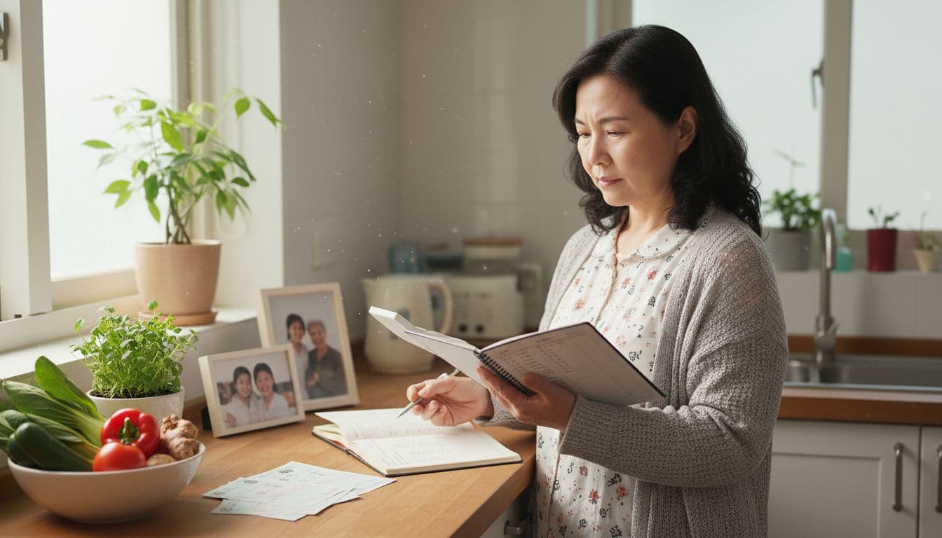 國民年金沒繳怎麼辦?對退休影響與補繳全指南 A middle-aged Taiwanese homemaker in comfortable clothes stands in a sunny kitchen, holding a calculator and open budget notebook with monthly expenses, surrounded by pension slips and family photos. She shows a resolved expression, highlighting everyday financial determination in a cozy home atmosphere.