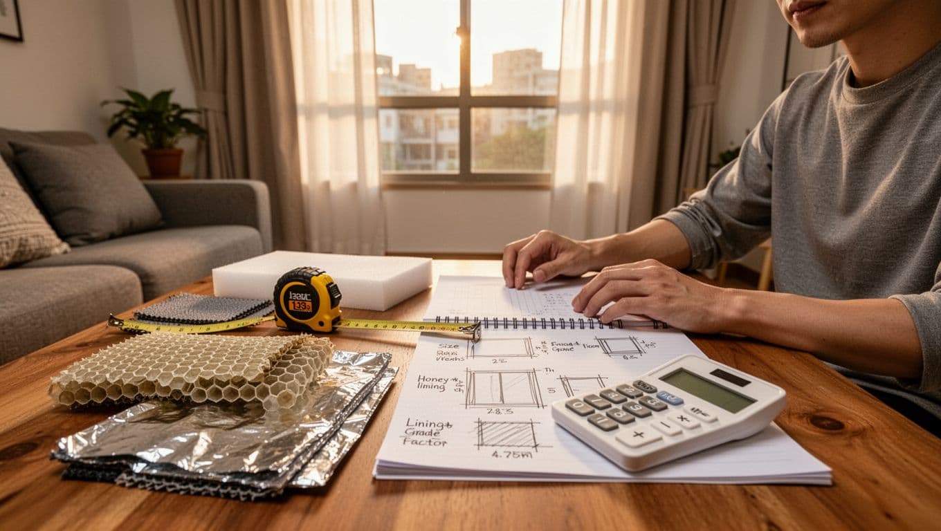 西曬隔熱,窗簾加內襯值得嗎?預算評估全指南 Photorealistic image of a Taiwanese apartment living room featuring a homeowner at a wooden table calculating curtain costs with tape measure, thermal lining fabric samples (honeycomb, foil, foam), notepad sketches, and calculator. Cozy interior with west-facing window partially covered by plain curtains in soft afternoon light.
