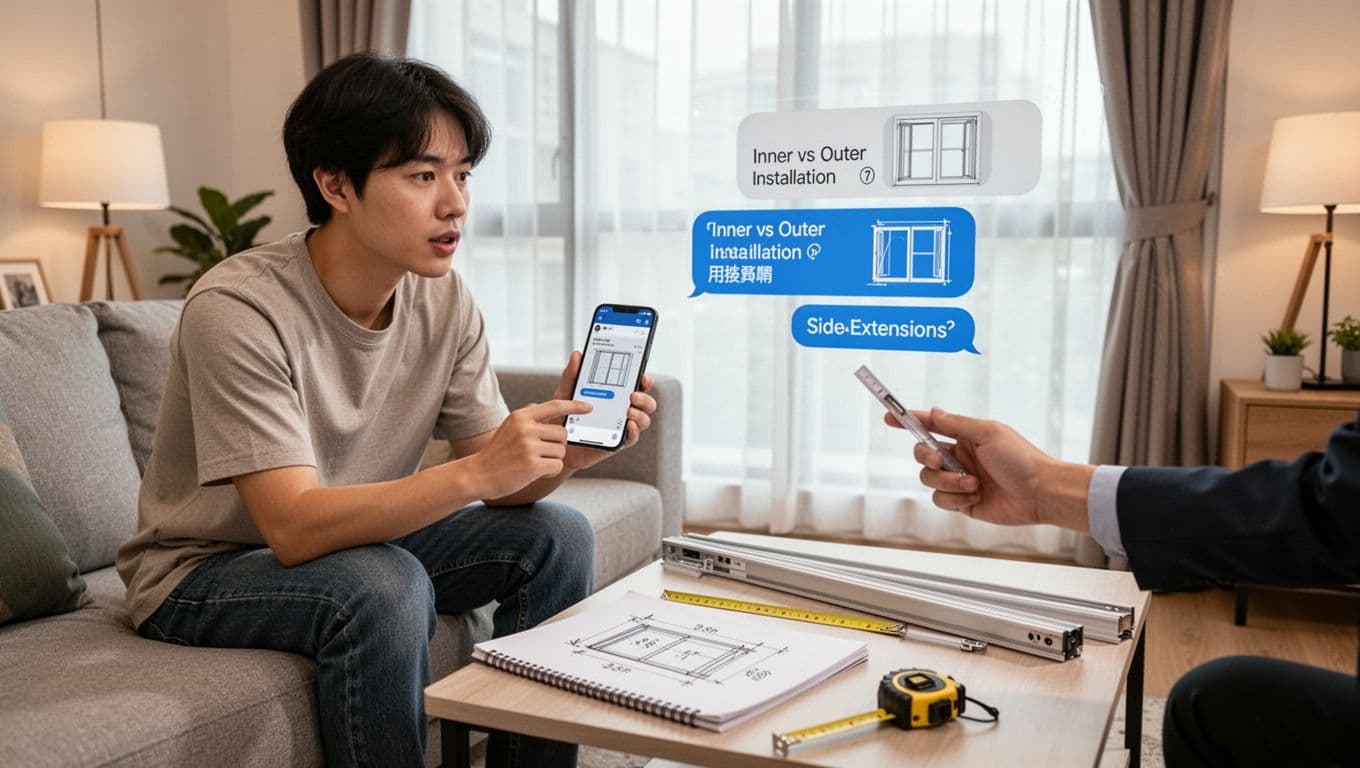 In a bright modern Taiwanese living room, a young homeowner sits on a sofa holding a smartphone, chatting with a curtain store representative about installation options like inner vs. outer and side extensions. The coffee table holds a notebook with sketches, tape measure, and curtain track, bathed in natural daylight from a window with sheer curtains.