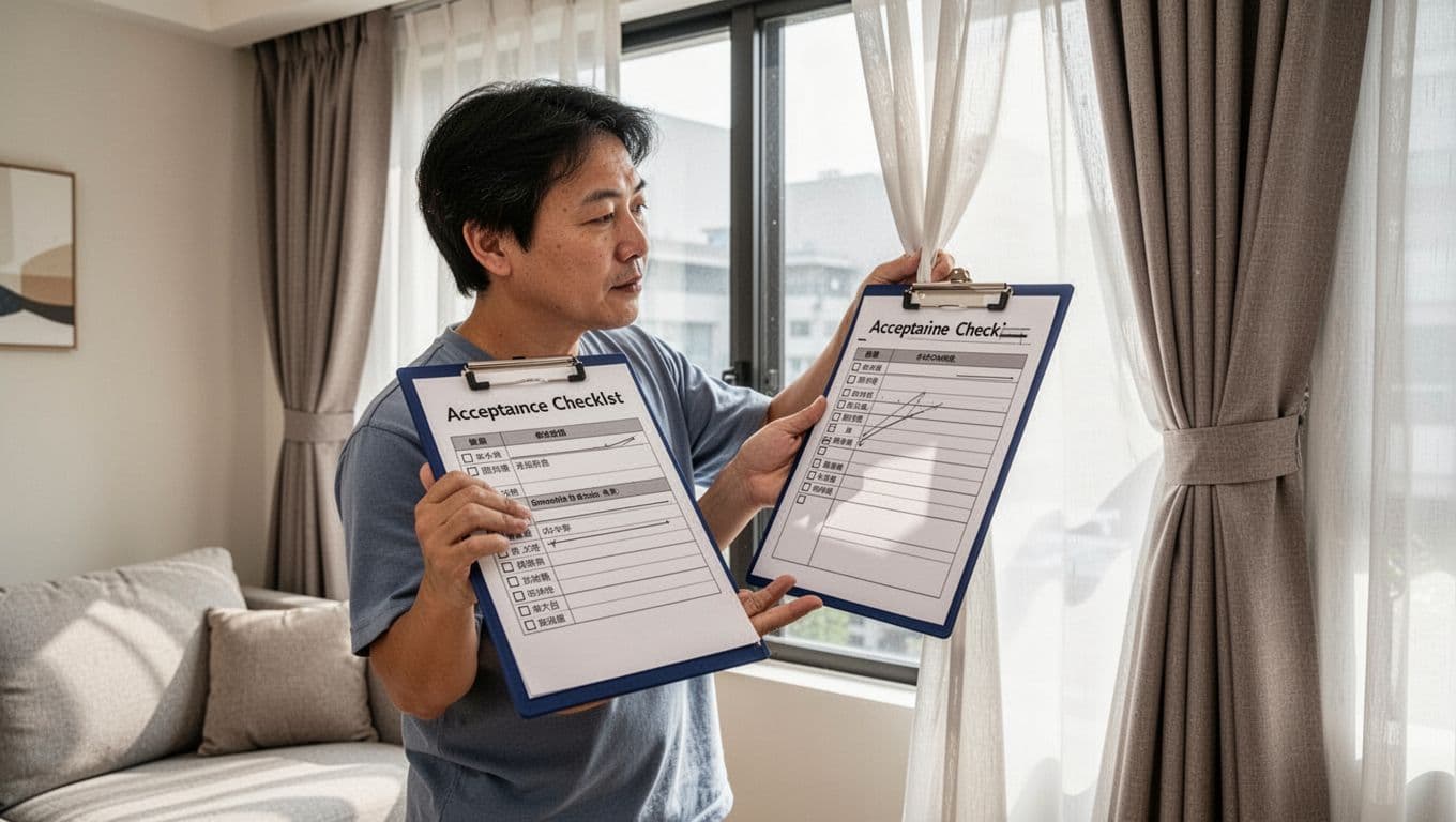 訂製窗簾付款要不要分期?常見流程與判斷要點 Photorealistic image of a Taiwanese homeowner in a modern living room holding a detailed acceptance checklist clipboard while carefully inspecting newly installed custom curtains on a window, checking dimensions, smoothness, and accessories. The scene shows bright daylight, a cozy setup with a nearby sofa, and a natural relaxed pose with exactly one person.