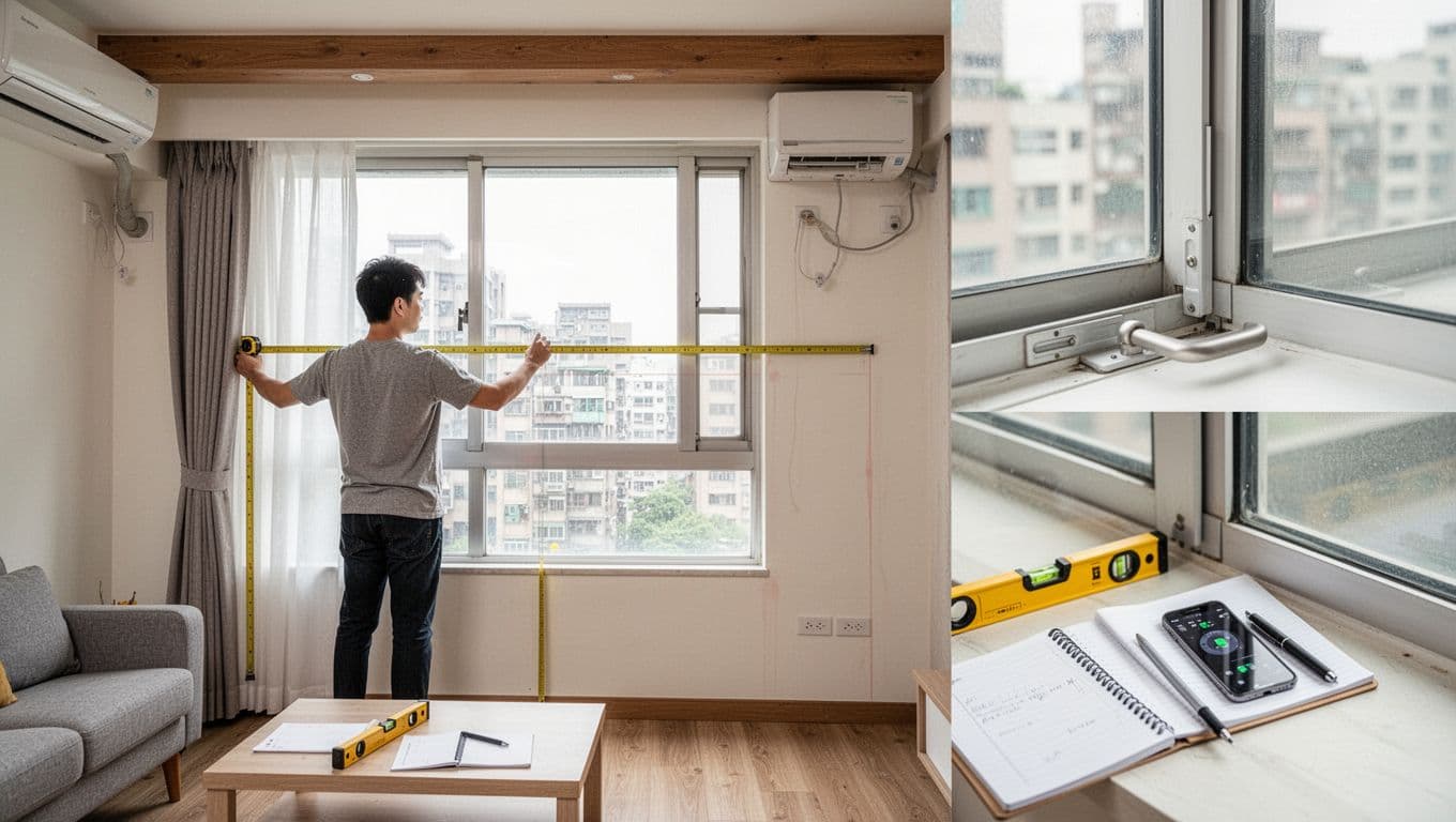 A young man in casual clothes stands in a bright modern Taiwanese living room, using a yellow tape measure across the full wall width by a large window for outer curtain measurement, with tools like level, smartphone, notebook on a nearby table.