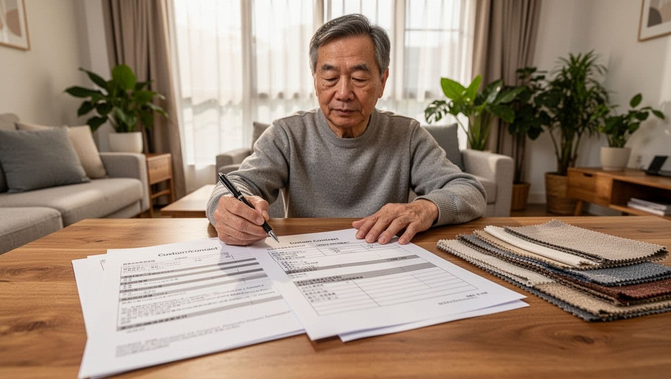 訂製窗簾付款要不要分期?常見流程與判斷要點 Photorealistic image of a middle-aged Taiwanese homeowner sitting at a wooden table in a bright living room, carefully reading a detailed custom curtain contract with a pen in hand and fabric swatches nearby.