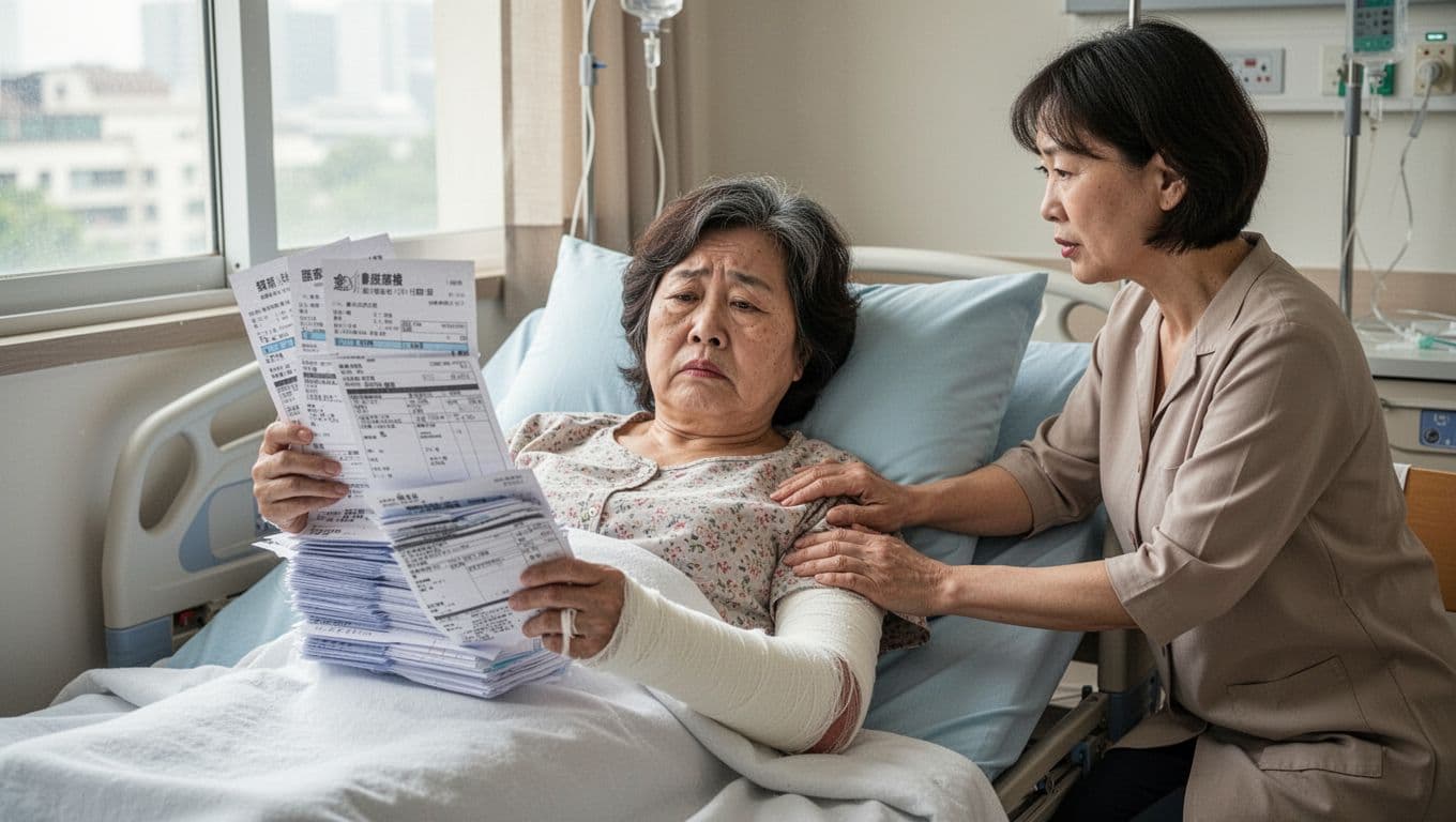 家庭主婦兼職收入少也要加保勞保嗎 用風險角度看 A middle-aged Taiwanese housewife lies in a hospital bed with her right arm in a cast, holding a thick stack of medical bills and receipts with a worried expression, comforted by a family member sitting bedside in a bright hospital room.