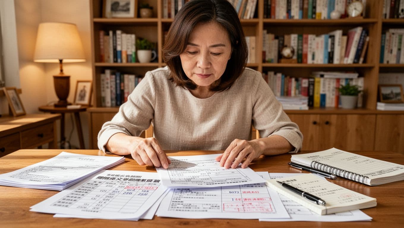 家庭主婦眷屬健保資料如何準備:完整文件清單與申辦步驟 A focused Taiwanese housewife at a comfortable study desk carefully reviews National Health Insurance (NHI) dependent documents, checking dates to avoid expiration and ensuring complete relationship proofs, with checklists and case notes on the table.