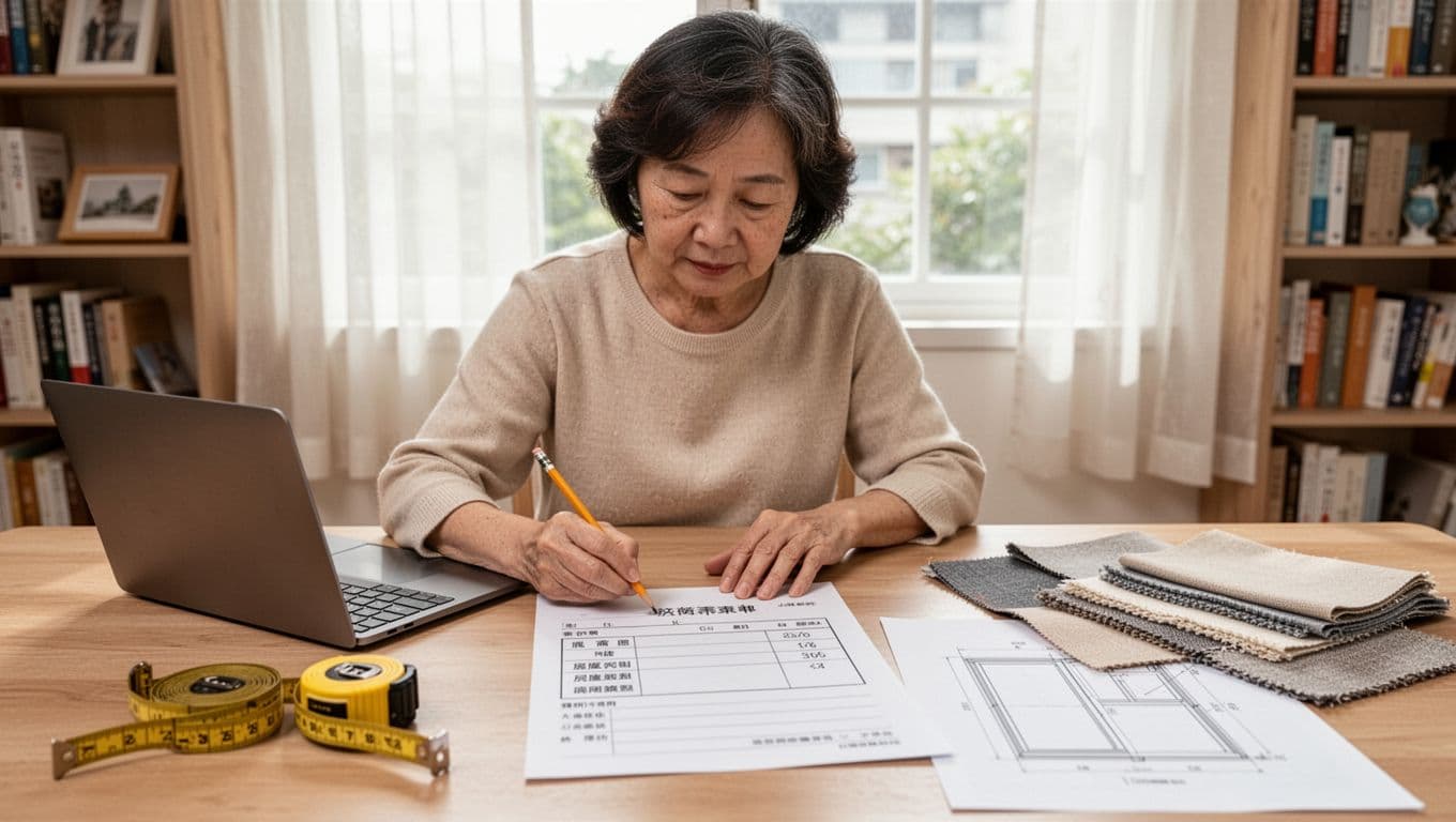 A middle-aged Taiwanese housewife sits focused at a bright home study desk, using a notebook and pencil to record window dimensions and material preferences for curtains, surrounded by a tape measure, fabric samples, and a window sketch.