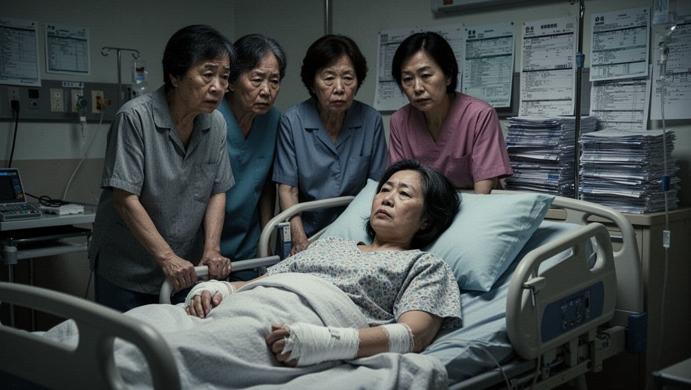 A realistic photograph of a Taiwanese housewife lying on a hospital bed with a bandaged arm, surrounded by three worried family members, piled medical bills in the background under dim lighting, emphasizing economic pressure and family risk.