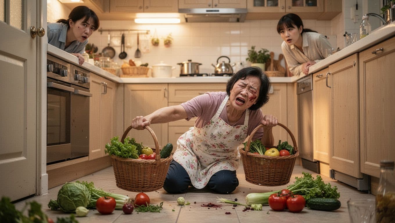 家庭主婦兼職收入少也要加保勞保嗎 用風險角度看 Realistic scene of a middle-aged Taiwanese housewife slipping and injuring herself in her home kitchen while wearing an apron, with a vegetable basket fallen and items scattered, a worried family member peeking from the door.