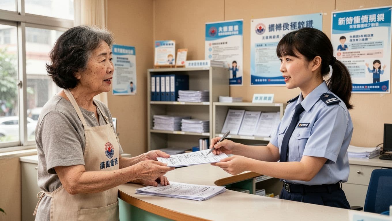 家庭主婦兼職收入少也要加保勞保嗎 用風險角度看 Photorealistic image of a middle-aged Taiwanese housewife in casual home clothes and apron standing at a counter in a bright trade union office, speaking relaxedly with a female staff member handing her labor insurance application forms and a pen.