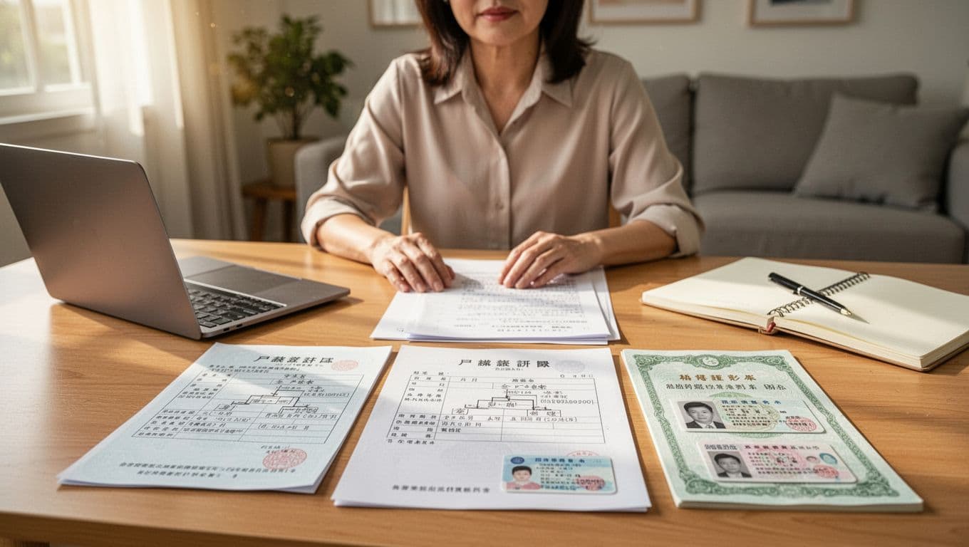 家庭主婦眷屬健保資料如何準備:完整文件清單與申辦步驟 A Taiwanese housewife sits at a neat desk in a warm, sunlit living room, organizing household registration transcripts, ID copies, and marriage certificates with a laptop and notebook nearby. The realistic photography captures soft natural light, bright tones, and detailed document focus in a professional, reassuring atmosphere.