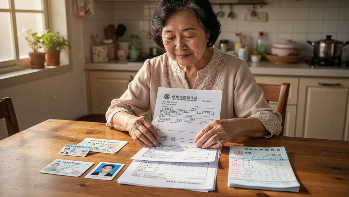 家庭主婦兼職收入少也要加保勞保嗎 用風險角度看 Realistic scene inside a cozy Taiwanese home, a middle-aged housewife sitting at a wooden kitchen table preparing labor insurance documents.