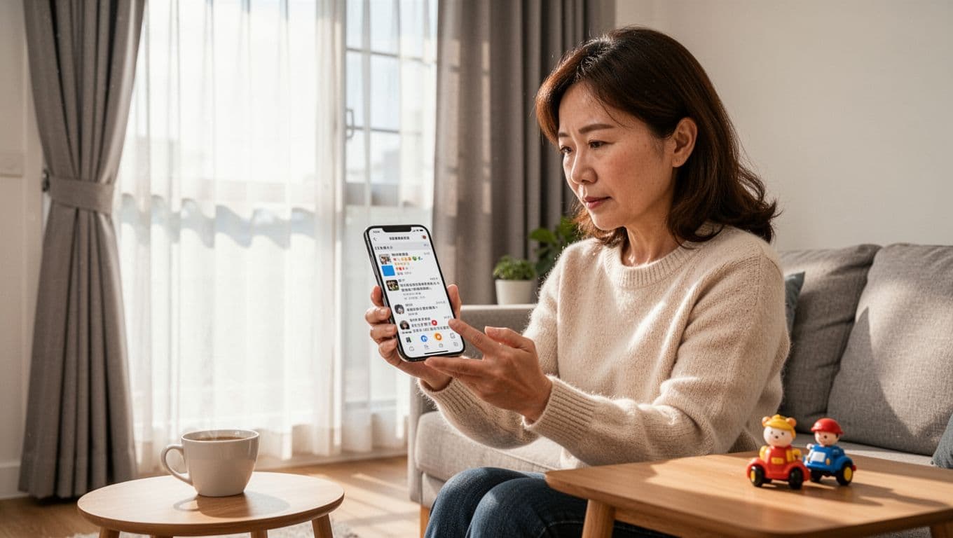 A Taiwanese housewife sits on a bright living room sofa, intently reading customer reviews for custom curtains on her smartphone, with modern curtains installed in the background allowing sunlight to filter in, a coffee cup and small toys on the table, evoking a warm and cozy home atmosphere in realistic photography style.