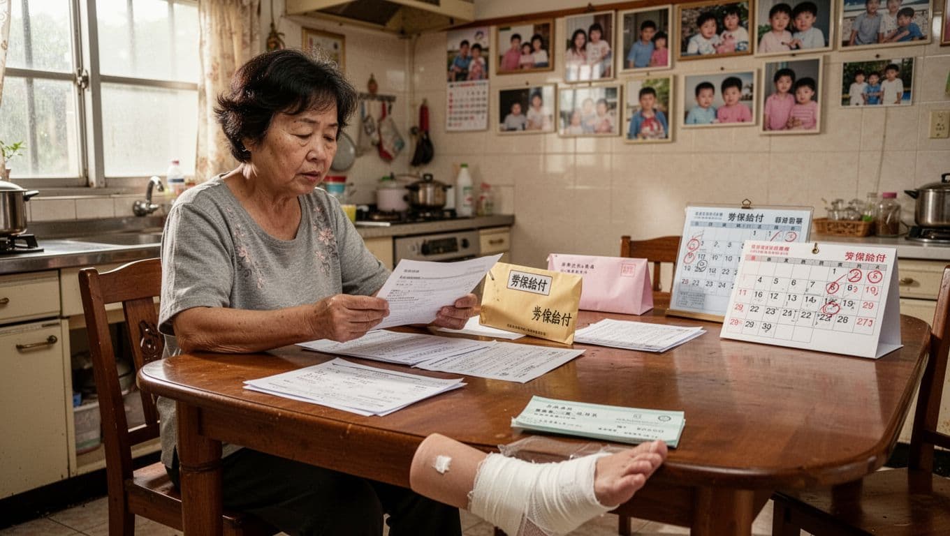 家庭主婦兼職收入少也要加保勞保嗎 用風險角度看 A photorealistic scene of a middle-aged Taiwanese housewife in casual clothes sitting at a kitchen table, reviewing labor insurance documents and an injury benefits check, with medical bandages on her ankle and a calendar marking sick leave days.