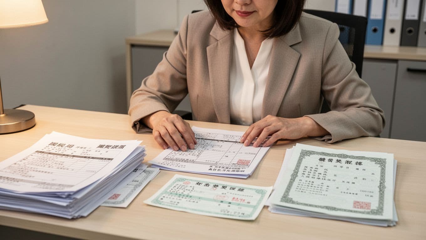 家庭主婦眷屬健保資料如何準備:完整文件清單與申辦步驟 A Taiwanese housewife in a simple office reviews clear copies of tax income lists, bank passbooks, divorce certificates, and name change proofs on her desk with warm lighting. Realistic style emphasizes detailed textures, natural pose, and no-income proof focus without extra objects or text.