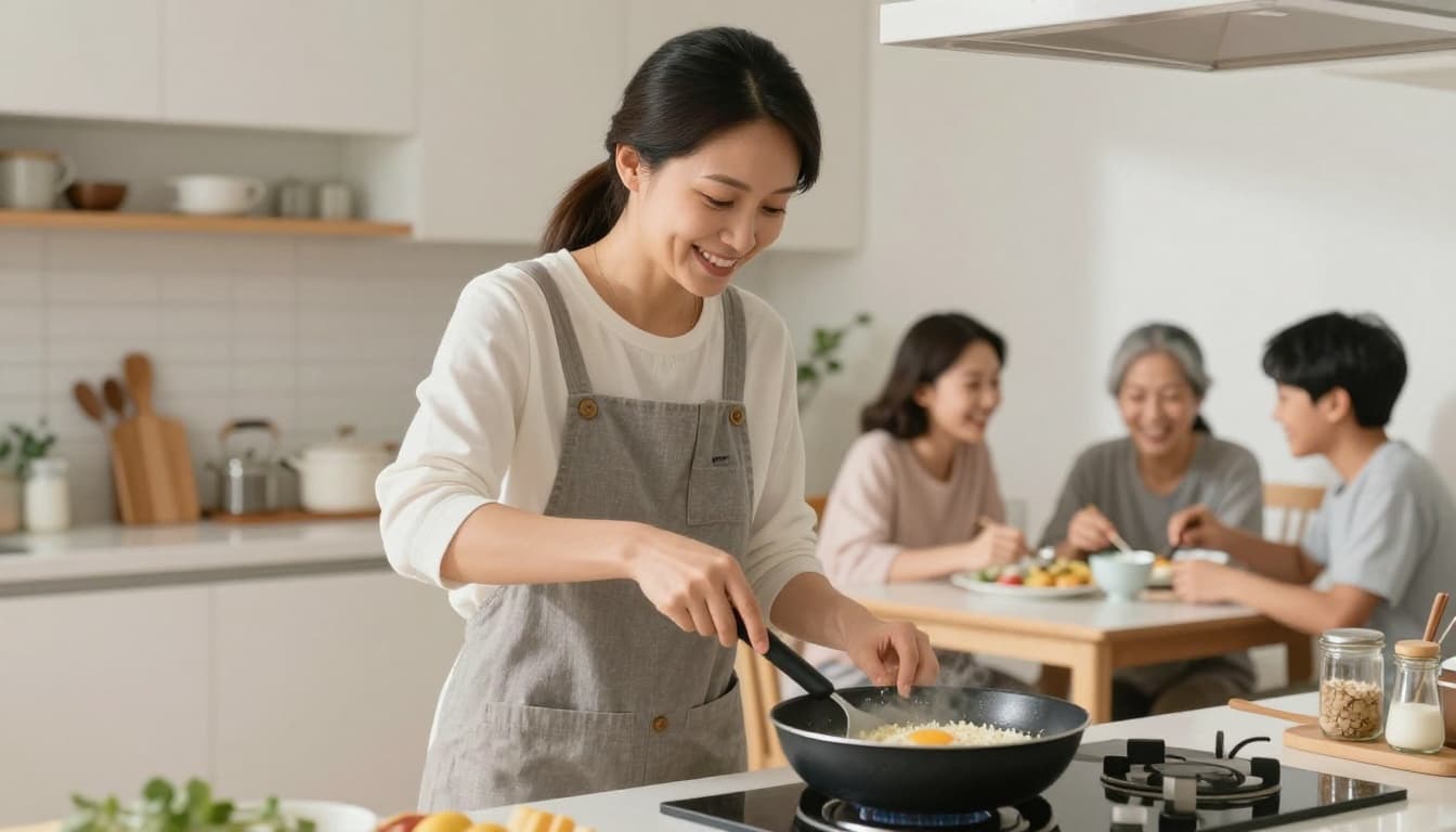 A Taiwanese housewife carefully cooks in a warm, bright kitchen to avoid burns, with her family of four smiling around the dinner table in the background. Realistic photo style with soft natural light, clean home environment, emphasizing safety and family happiness.