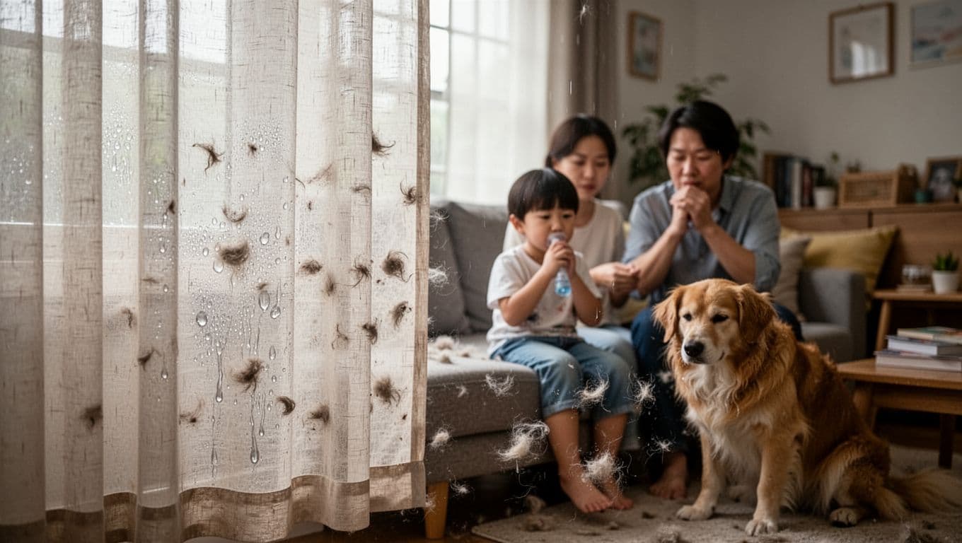 窗簾抗菌防霉布料加價多少?有必要升級嗎 A realistic Taiwanese family living room during humid season shows a fabric curtain with damp spots and pet fur, a coughing child with respiratory issues on the sofa, a shedding pet dog nearby, in a cozy cluttered atmosphere with soft natural light.