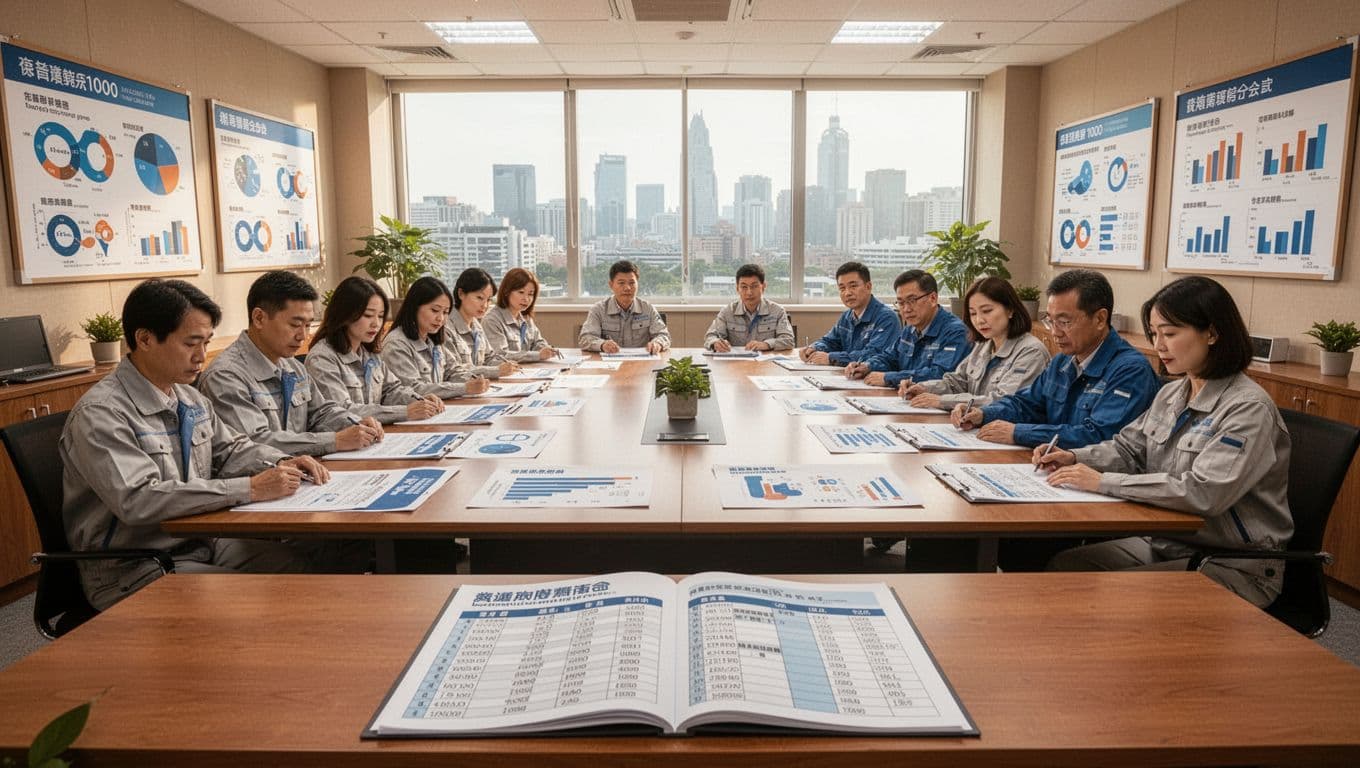 如何選低風險工會加保?三大風險比較一次看 A spacious Taiwanese industry union office with exactly 20 diverse members (10 men, 10 women in casual work attire) seated around large tables reviewing documents and charts on member statistics over 1000 and stable finances, bright natural light from windows overlooking city skyline, professional welcoming atmosphere, foreground membership roster.